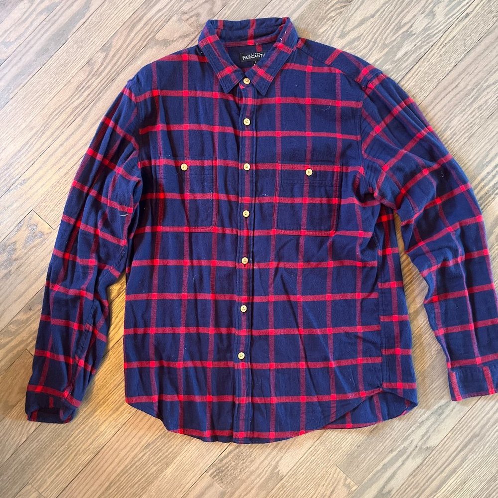 J Crew Mercantile Men's Large Flannel - Blue/Red (Brown Buttons)